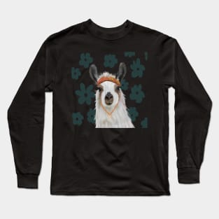 Boho Llama on Retro Flowers Long Sleeve T-Shirt